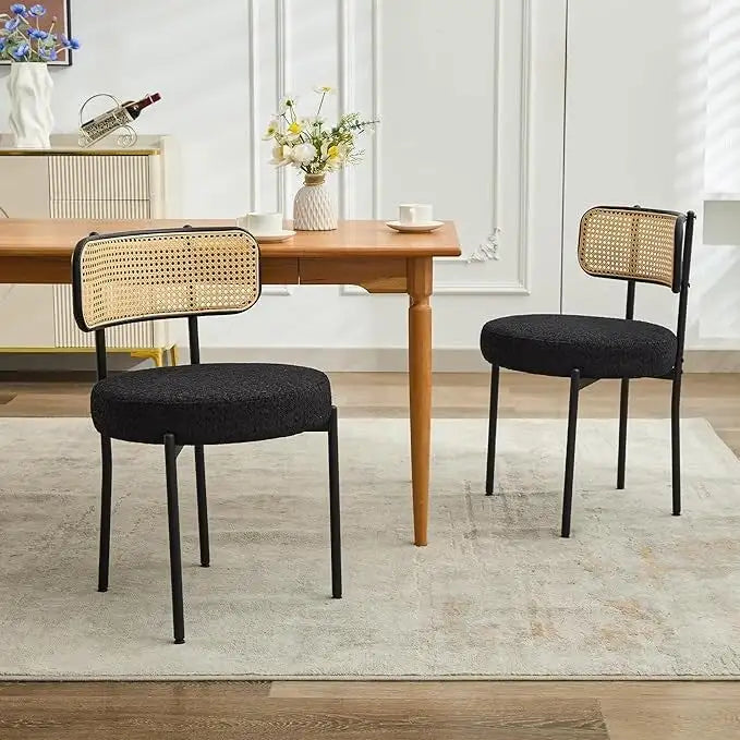 Chaises de salle à manger style Mid-Century Modern, chaise d'appoint en métal avec revêtement en bouclé et dossier en rotin, lot de 2 - lot de 2