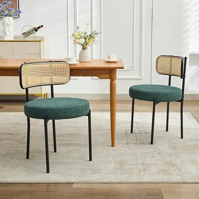 Chaises de salle à manger style Mid-Century Modern, chaise d'appoint en métal avec revêtement en bouclé et dossier en rotin, lot de 2 - lot de 2