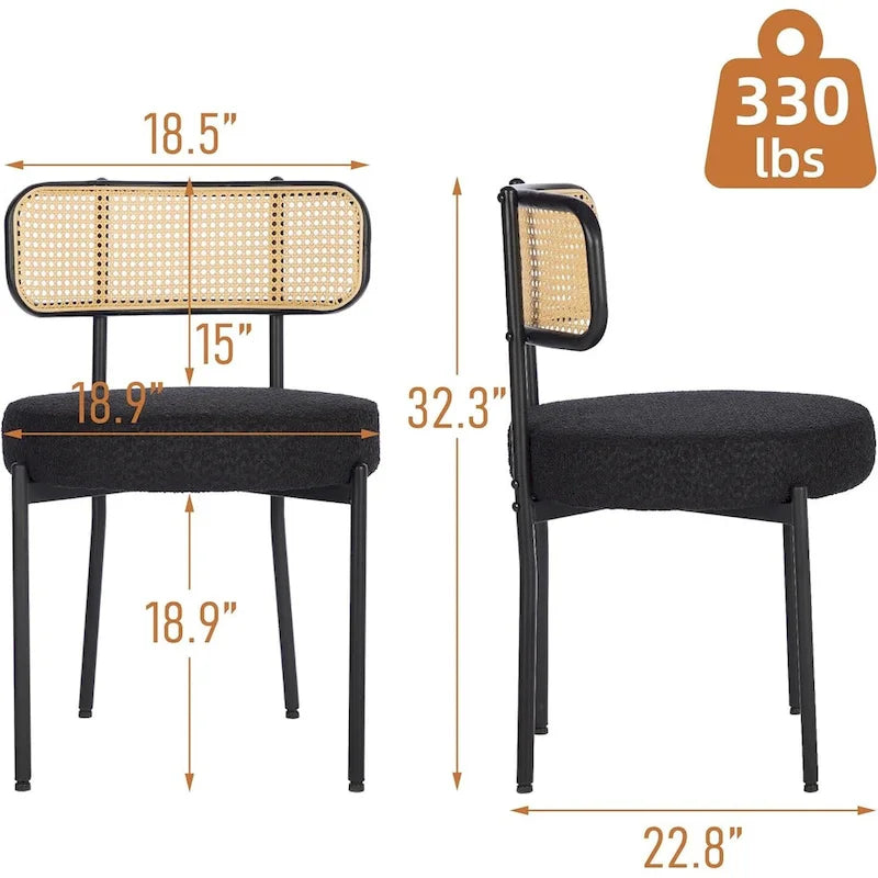 Chaises de salle à manger style Mid-Century Modern, chaise d'appoint en métal avec revêtement en bouclé et dossier en rotin, lot de 2 - lot de 2