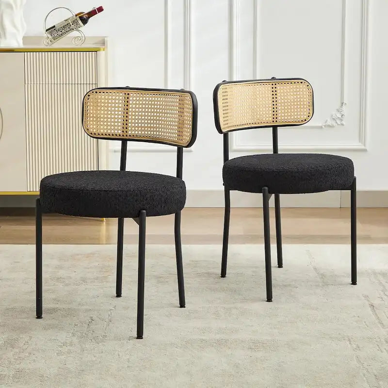 Chaises de salle à manger style Mid-Century Modern, chaise d'appoint en métal avec revêtement en bouclé et dossier en rotin, lot de 2 - lot de 2