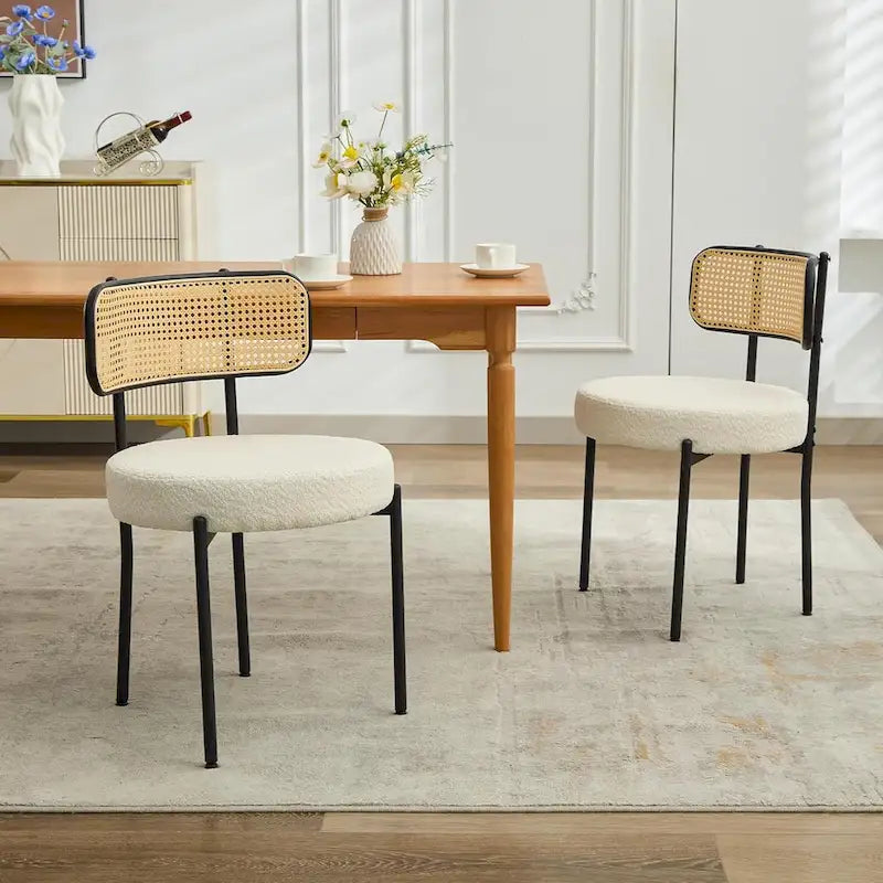 Chaises de salle à manger style Mid-Century Modern, chaise d'appoint en métal avec revêtement en bouclé et dossier en rotin, lot de 2 - lot de 2