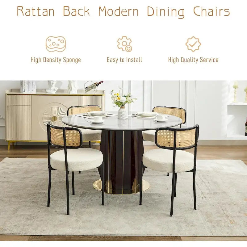 Chaises de salle à manger style Mid-Century Modern, chaise d'appoint en métal avec revêtement en bouclé et dossier en rotin, lot de 2 - lot de 2