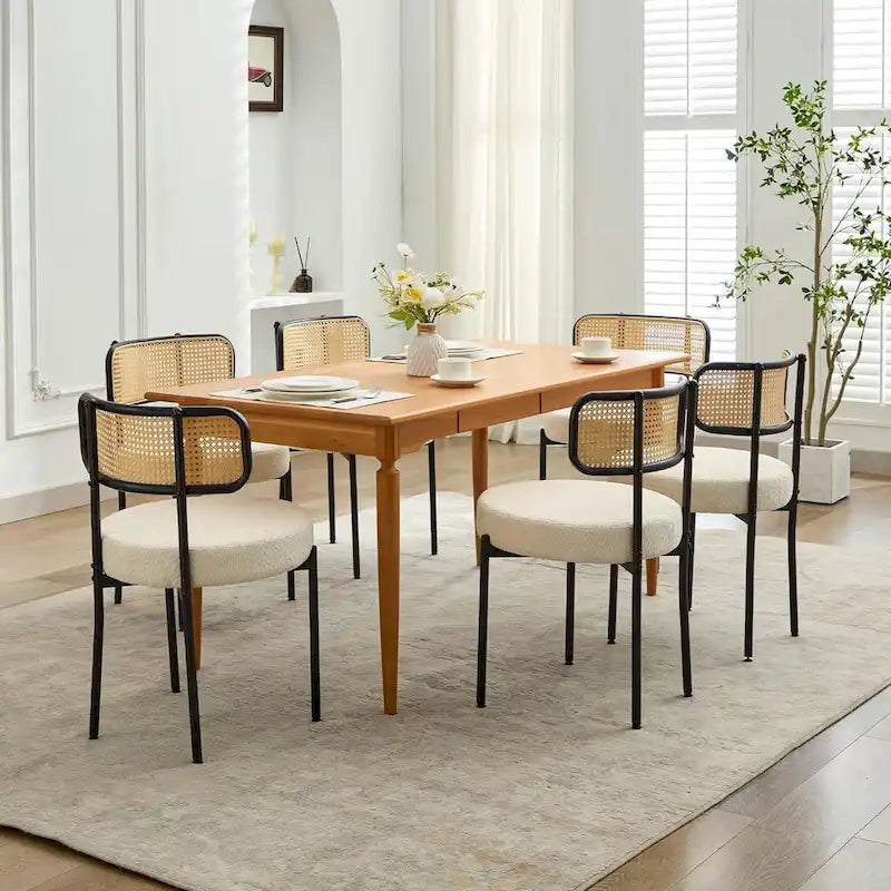 Chaises de salle à manger style Mid-Century Modern, chaise d'appoint en métal avec revêtement en bouclé et dossier en rotin, lot de 2 - lot de 2