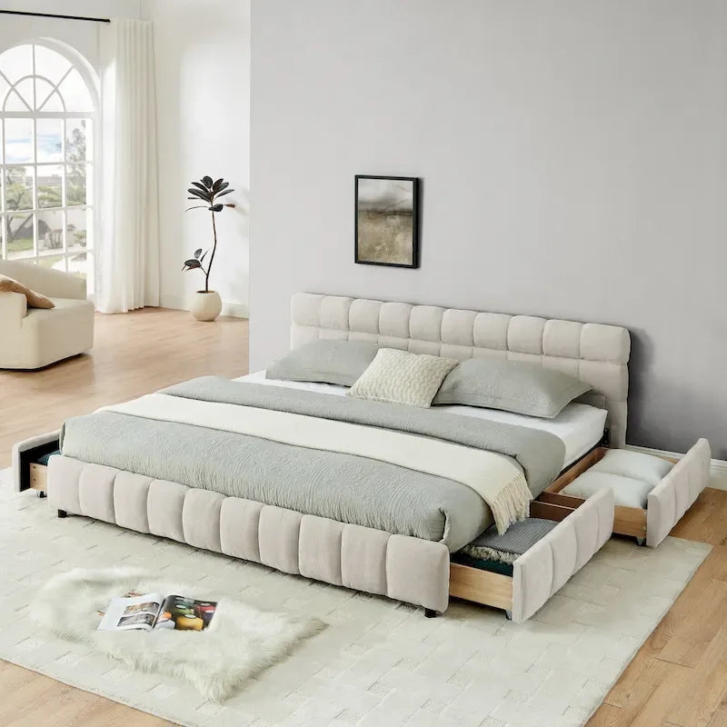 Lit plateforme capitonné King Size en chenille, cadre de lit avec tête de lit capitonnée à motif treillis et 4 tiroirs de rangement pour chambre à coucher