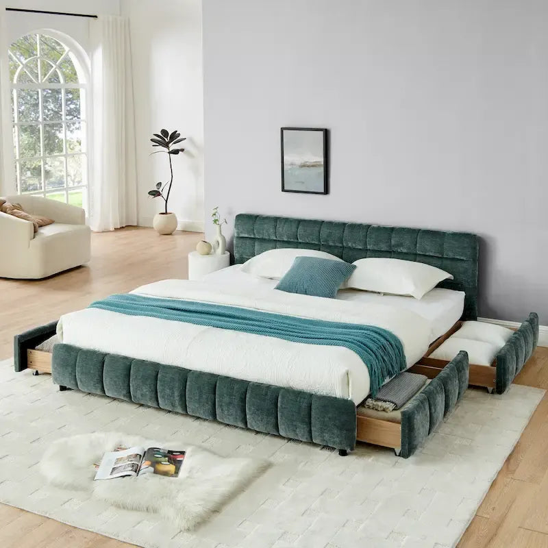 Lit plateforme capitonné King Size en chenille, cadre de lit avec tête de lit capitonnée à motif treillis et 4 tiroirs de rangement pour chambre à coucher