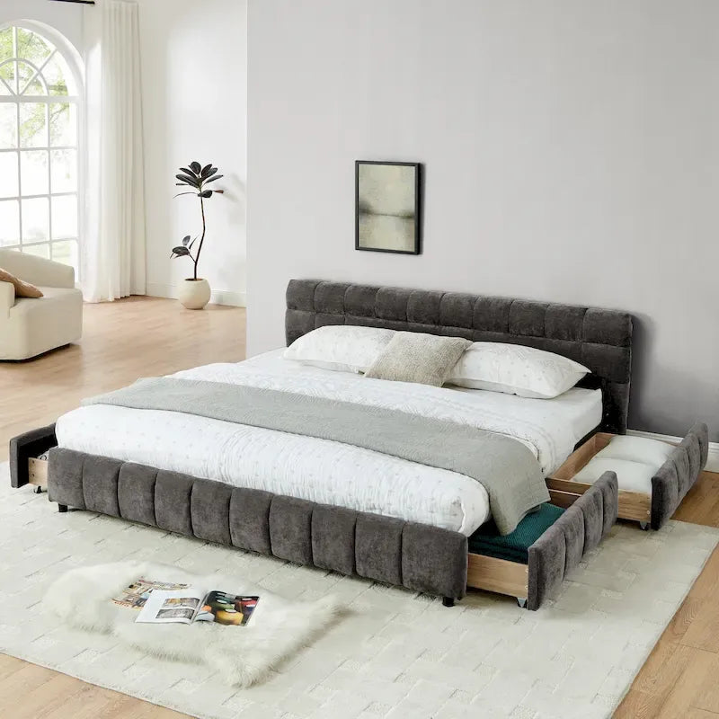 Lit plateforme capitonné King Size en chenille, cadre de lit avec tête de lit capitonnée à motif treillis et 4 tiroirs de rangement pour chambre à coucher