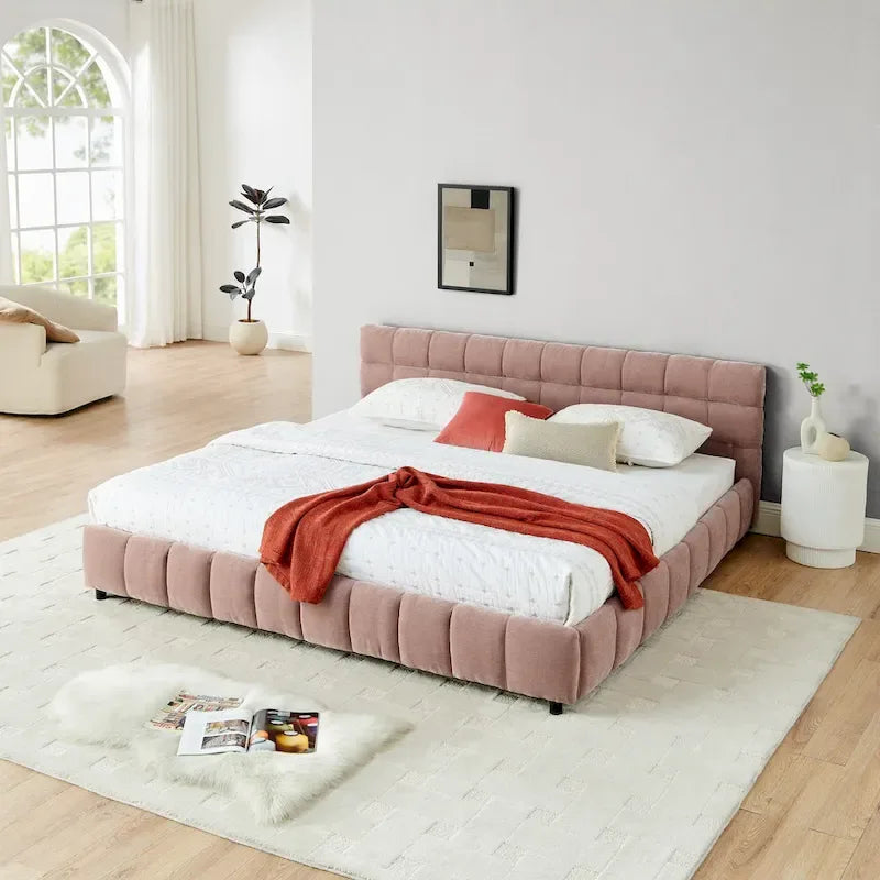 Lit plateforme capitonné King Size en chenille, cadre de lit avec tête de lit capitonnée à motif treillis et 4 tiroirs de rangement pour chambre à coucher