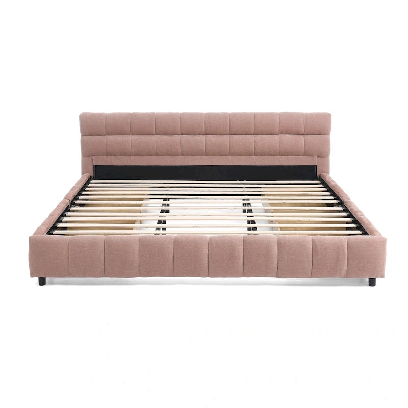 Lit plateforme capitonné King Size en chenille, cadre de lit avec tête de lit capitonnée à motif treillis et 4 tiroirs de rangement pour chambre à coucher