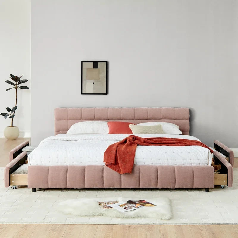 Lit plateforme capitonné King Size en chenille, cadre de lit avec tête de lit capitonnée à motif treillis et 4 tiroirs de rangement pour chambre à coucher