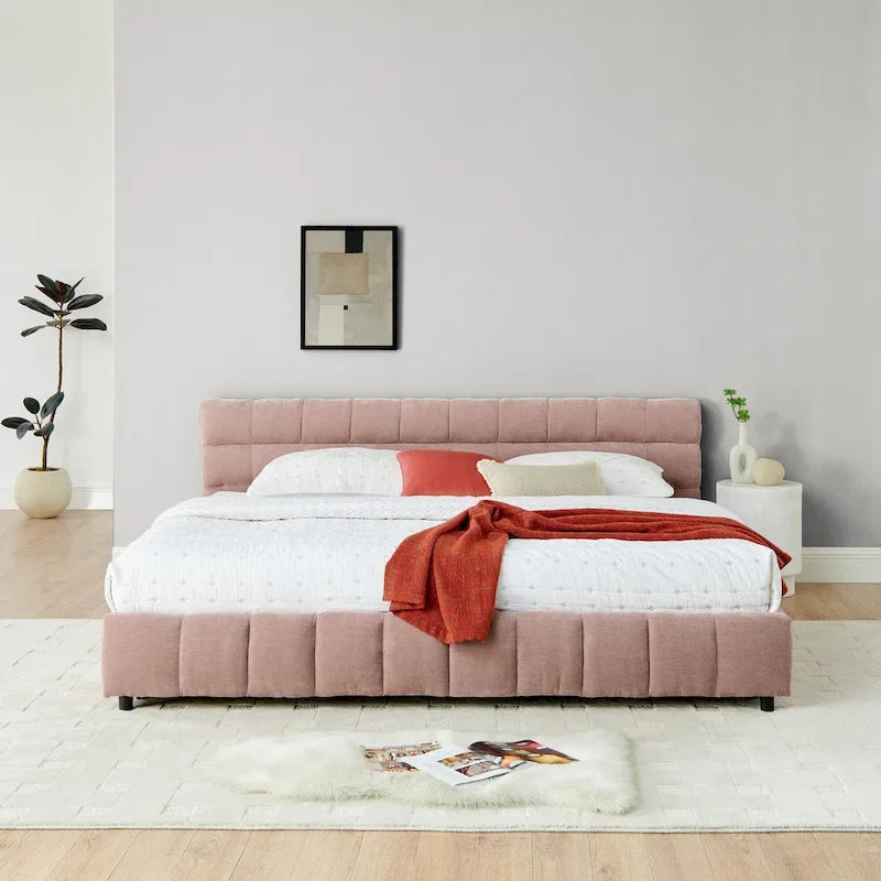 Lit plateforme capitonné King Size en chenille, cadre de lit avec tête de lit capitonnée à motif treillis et 4 tiroirs de rangement pour chambre à coucher