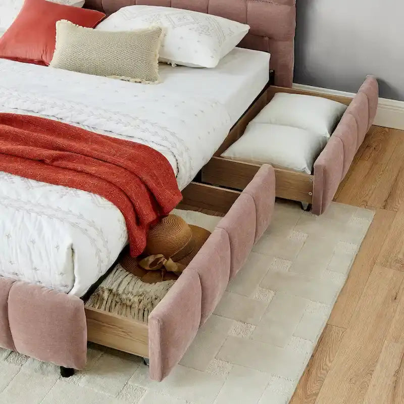 Lit plateforme capitonné King Size en chenille, cadre de lit avec tête de lit capitonnée à motif treillis et 4 tiroirs de rangement pour chambre à coucher