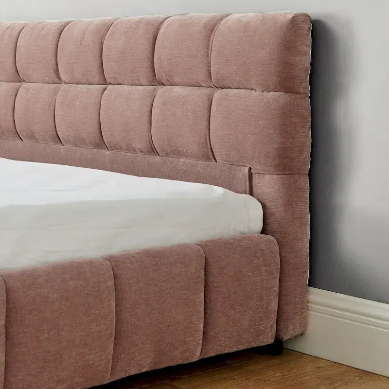 Lit plateforme capitonné King Size en chenille, cadre de lit avec tête de lit capitonnée à motif treillis et 4 tiroirs de rangement pour chambre à coucher