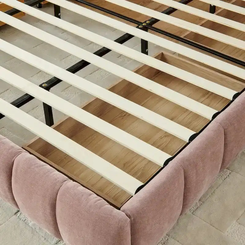 Lit plateforme capitonné King Size en chenille, cadre de lit avec tête de lit capitonnée à motif treillis et 4 tiroirs de rangement pour chambre à coucher