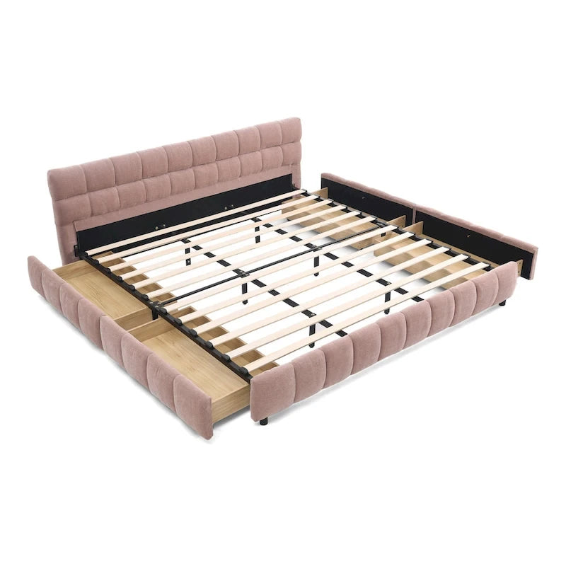Lit plateforme capitonné King Size en chenille, cadre de lit avec tête de lit capitonnée à motif treillis et 4 tiroirs de rangement pour chambre à coucher