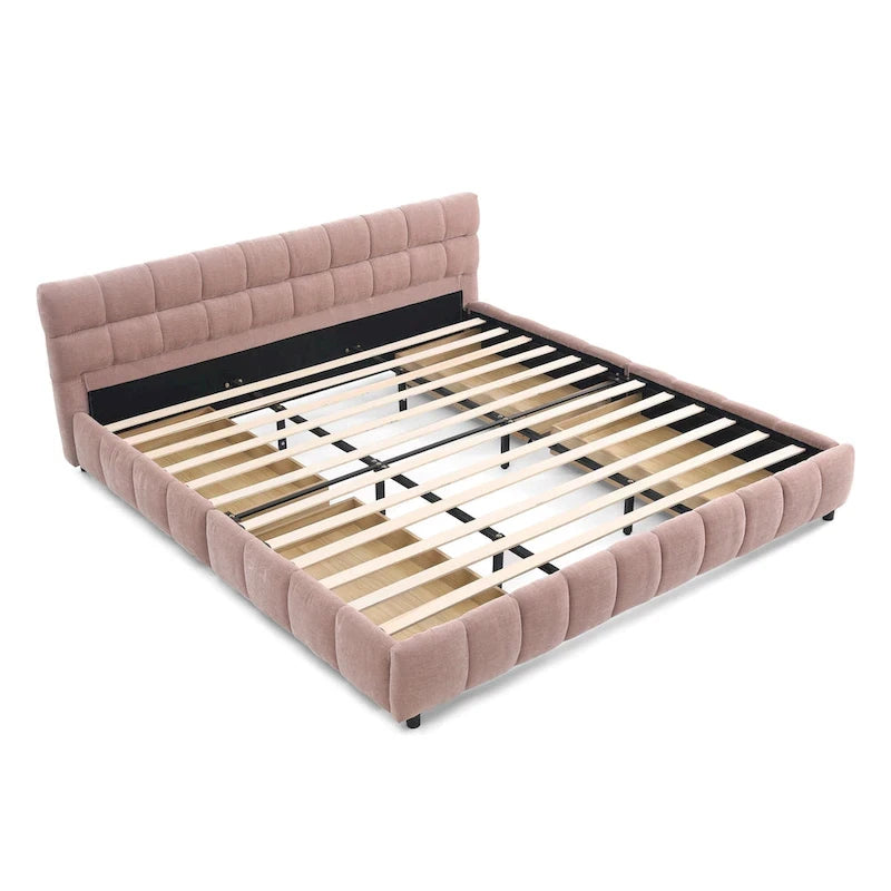 Lit plateforme capitonné King Size en chenille, cadre de lit avec tête de lit capitonnée à motif treillis et 4 tiroirs de rangement pour chambre à coucher