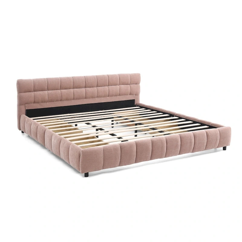 Lit plateforme capitonné King Size en chenille, cadre de lit avec tête de lit capitonnée à motif treillis et 4 tiroirs de rangement pour chambre à coucher