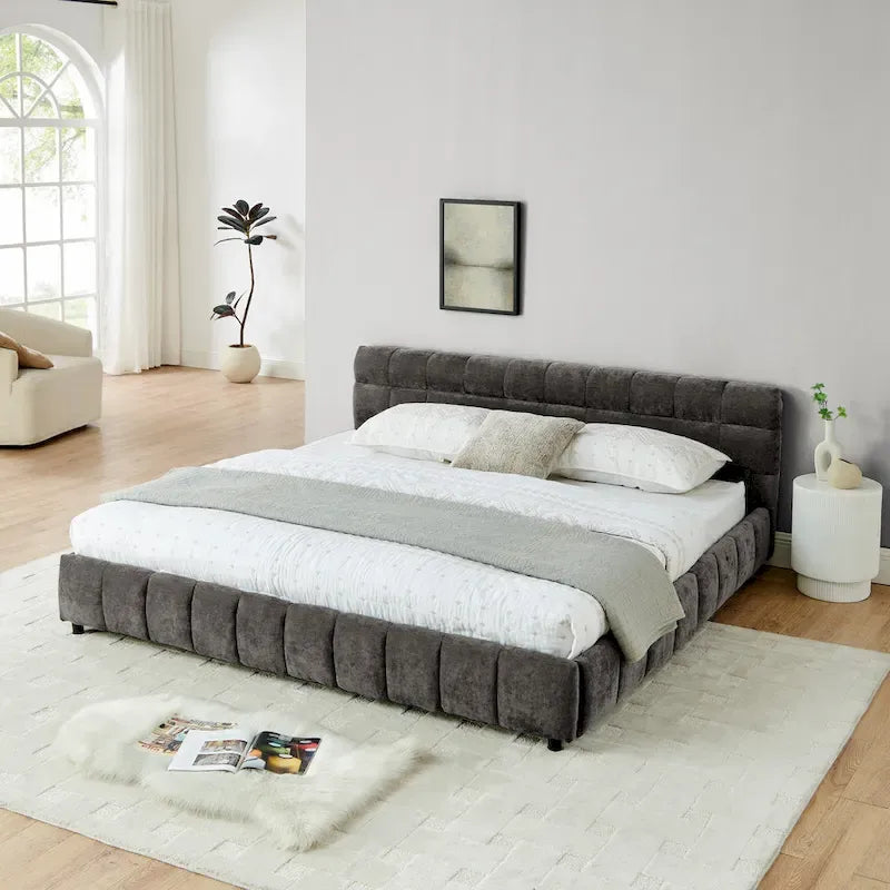 Lit plateforme capitonné King Size en chenille, cadre de lit avec tête de lit capitonnée à motif treillis et 4 tiroirs de rangement pour chambre à coucher