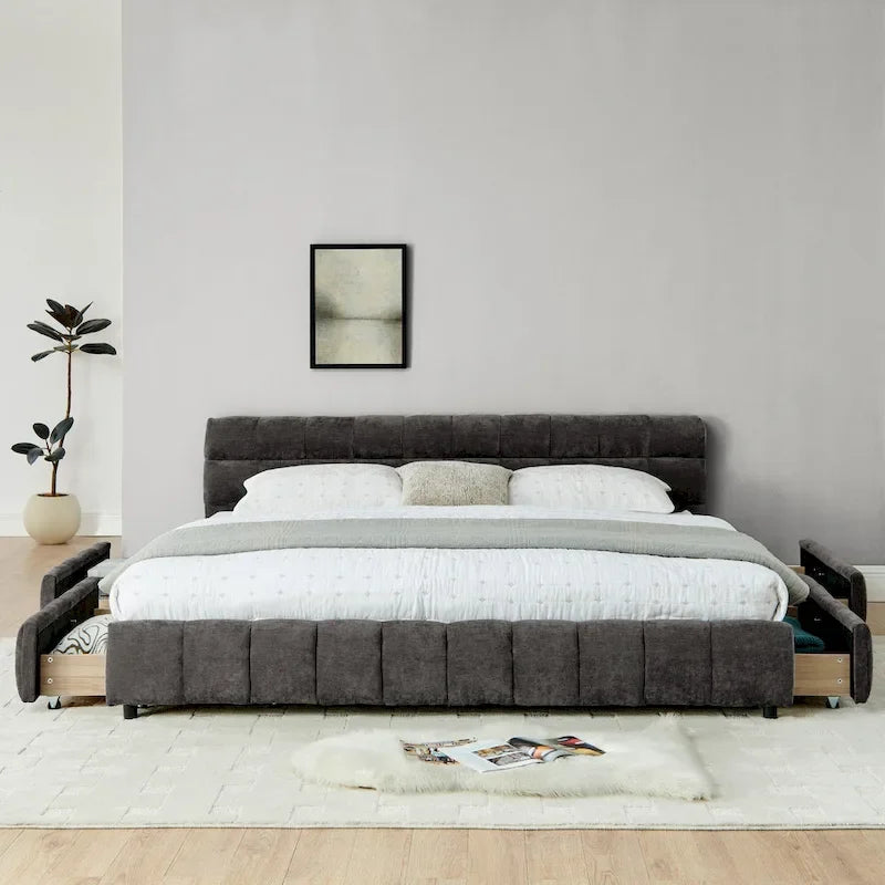 Lit plateforme capitonné King Size en chenille, cadre de lit avec tête de lit capitonnée à motif treillis et 4 tiroirs de rangement pour chambre à coucher