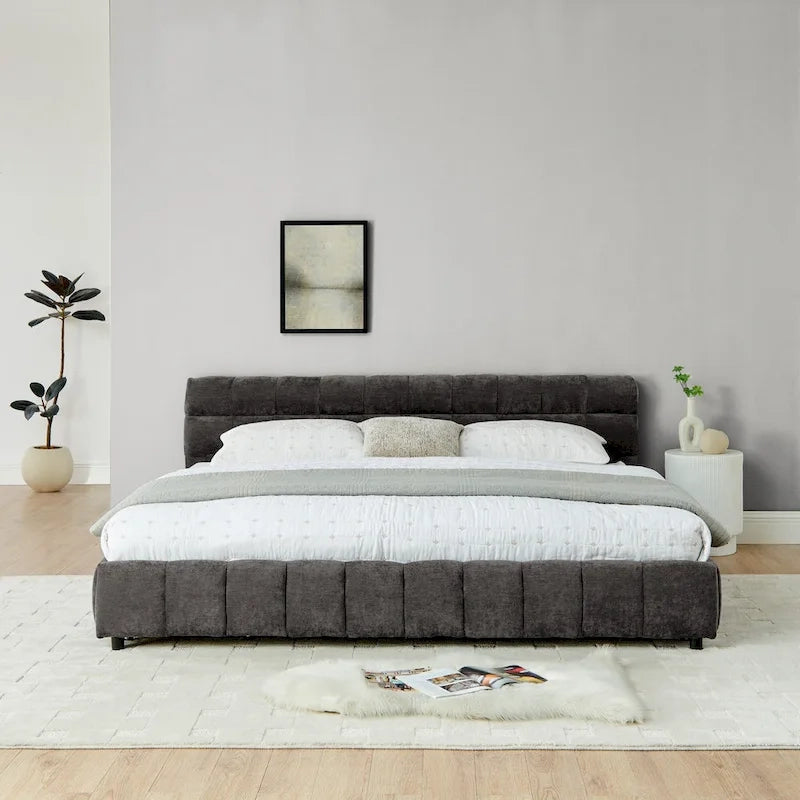 Lit plateforme capitonné King Size en chenille, cadre de lit avec tête de lit capitonnée à motif treillis et 4 tiroirs de rangement pour chambre à coucher
