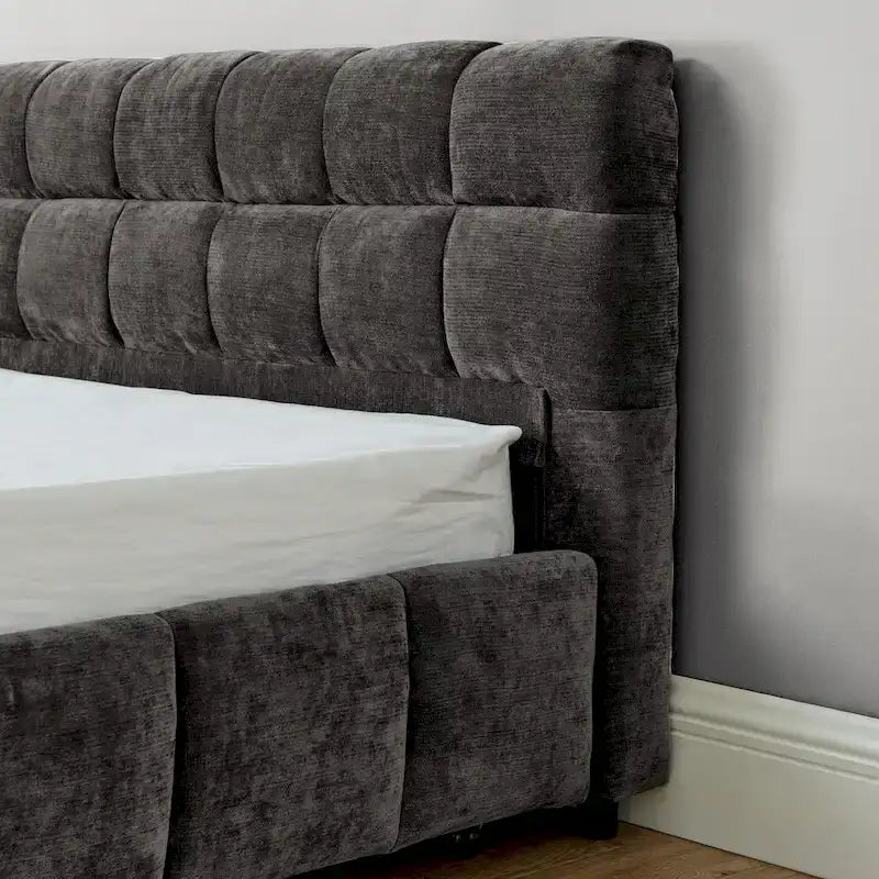 Lit plateforme capitonné King Size en chenille, cadre de lit avec tête de lit capitonnée à motif treillis et 4 tiroirs de rangement pour chambre à coucher