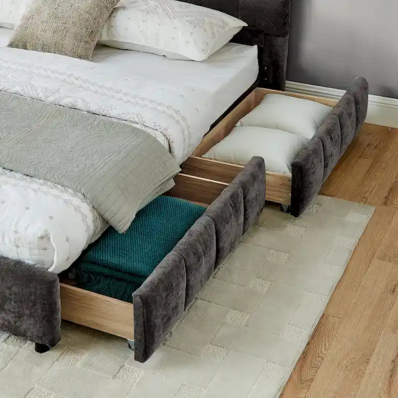 Lit plateforme capitonné King Size en chenille, cadre de lit avec tête de lit capitonnée à motif treillis et 4 tiroirs de rangement pour chambre à coucher