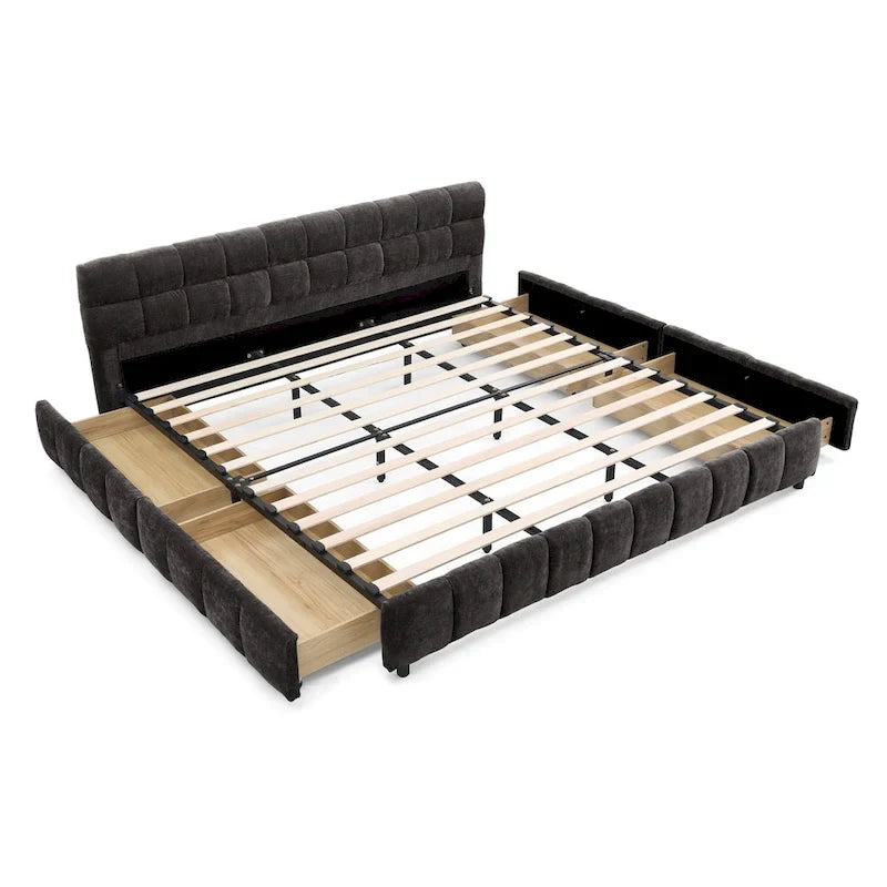 Lit plateforme capitonné King Size en chenille, cadre de lit avec tête de lit capitonnée à motif treillis et 4 tiroirs de rangement pour chambre à coucher