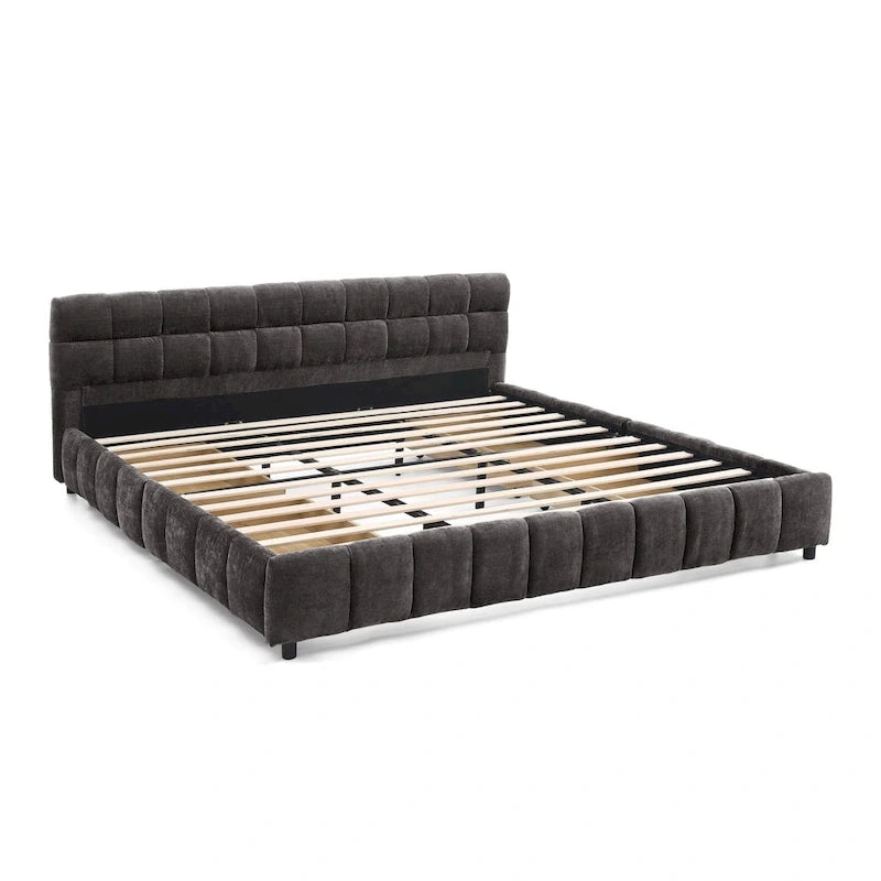 Lit plateforme capitonné King Size en chenille, cadre de lit avec tête de lit capitonnée à motif treillis et 4 tiroirs de rangement pour chambre à coucher