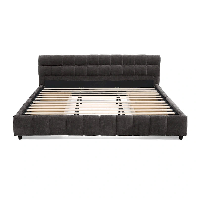 Lit plateforme capitonné King Size en chenille, cadre de lit avec tête de lit capitonnée à motif treillis et 4 tiroirs de rangement pour chambre à coucher