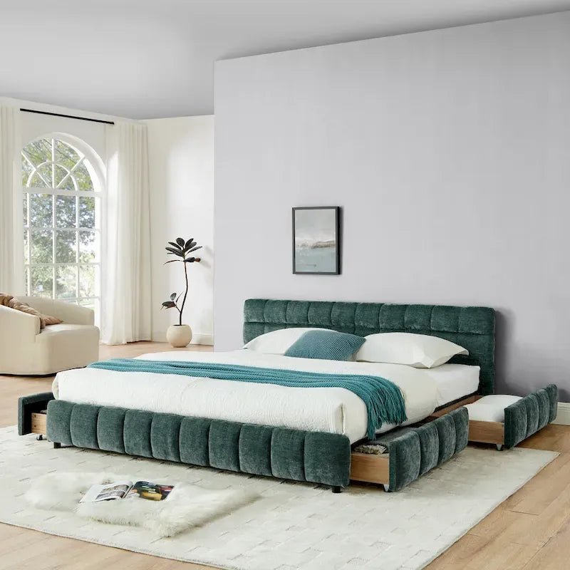 Lit plateforme capitonné King Size en chenille, cadre de lit avec tête de lit capitonnée à motif treillis et 4 tiroirs de rangement pour chambre à coucher