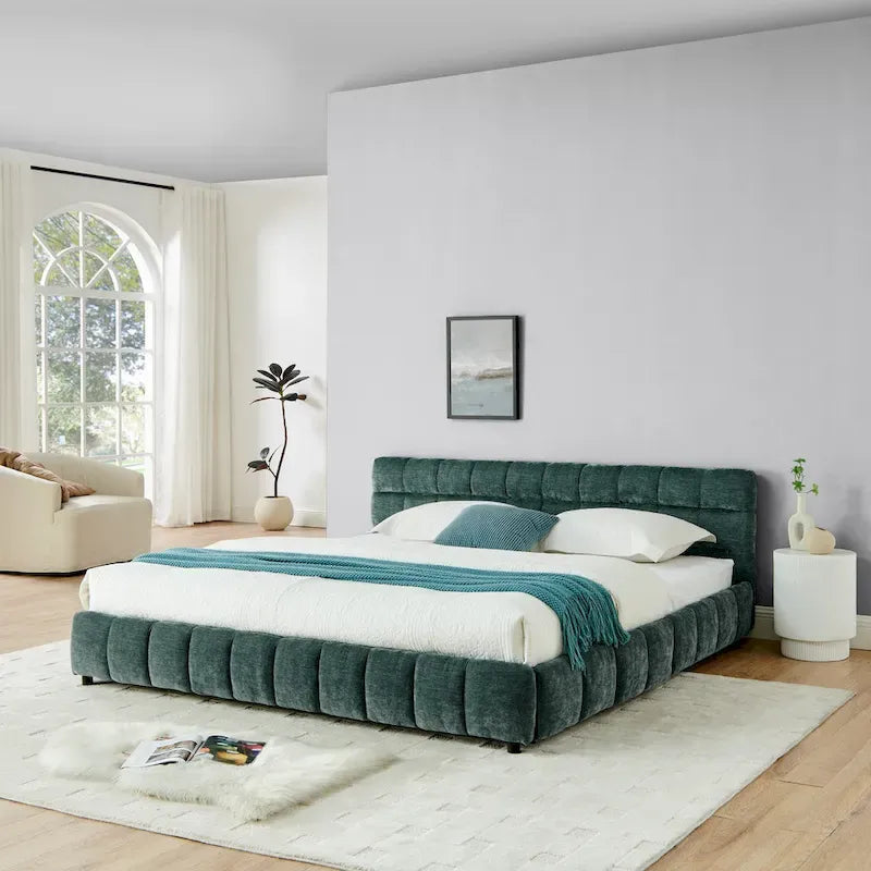 Lit plateforme capitonné King Size en chenille, cadre de lit avec tête de lit capitonnée à motif treillis et 4 tiroirs de rangement pour chambre à coucher