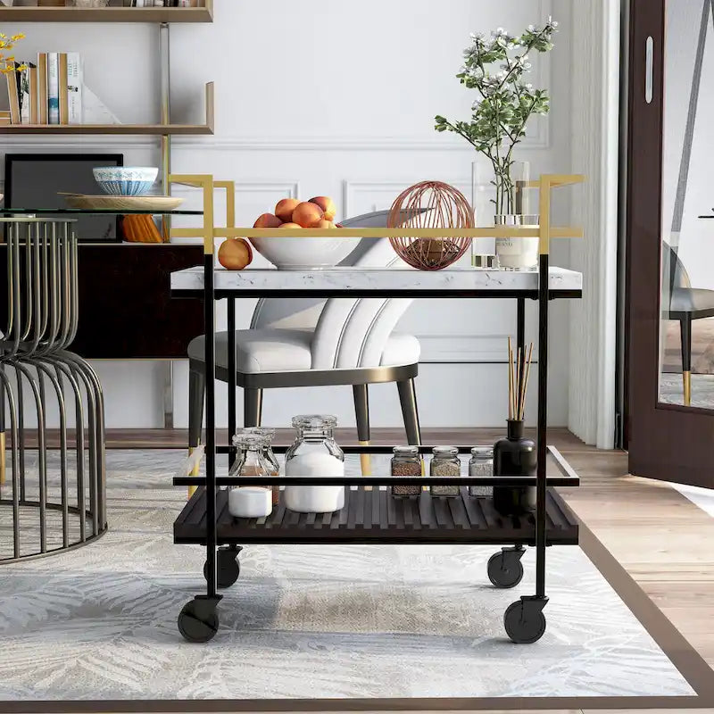 Desserte à deux niveaux de style moderne — plateau en faux marbre blanc et design à lattes