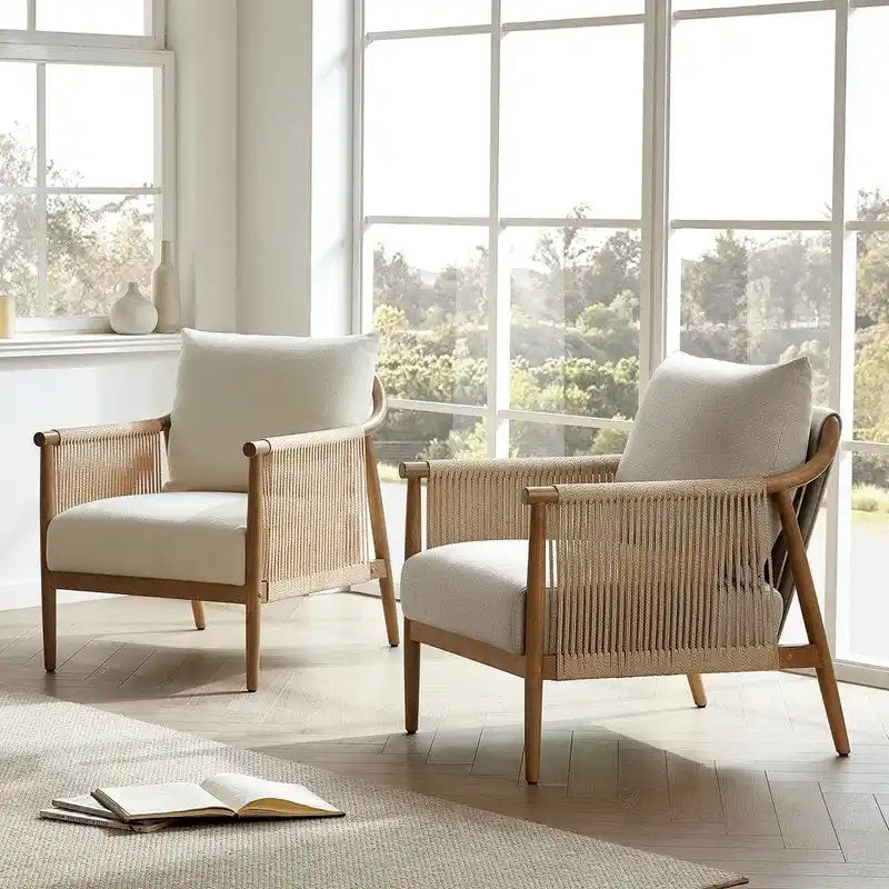 Fauteuil d'appoint avec accoudoirs en bois tressé