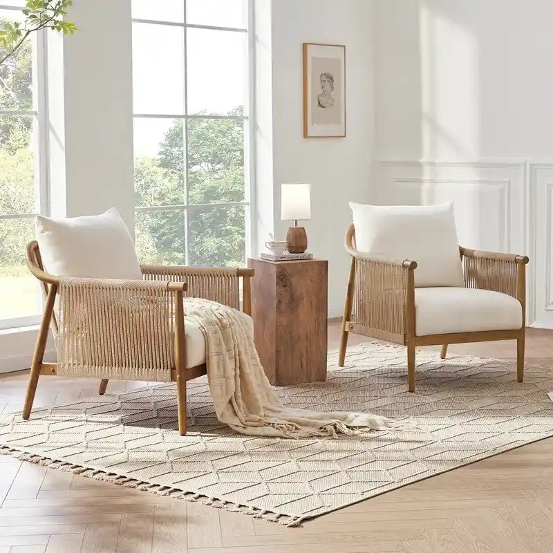 Fauteuil d'appoint avec accoudoirs en bois tressé