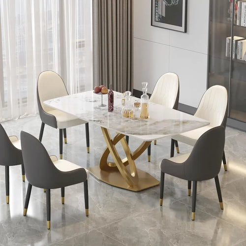 71 Modern Dining Table with Rectangular Sintered Stone Tabletop and Gold Base