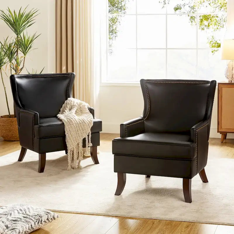 Fauteuil à oreilles ergonomique en cuir végan, style moderniste du milieu du siècle (ensemble de 2)