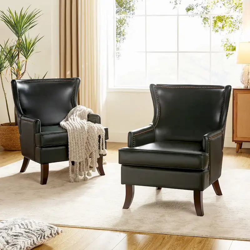 Fauteuil à oreilles ergonomique en cuir végan, style moderniste du milieu du siècle (ensemble de 2)
