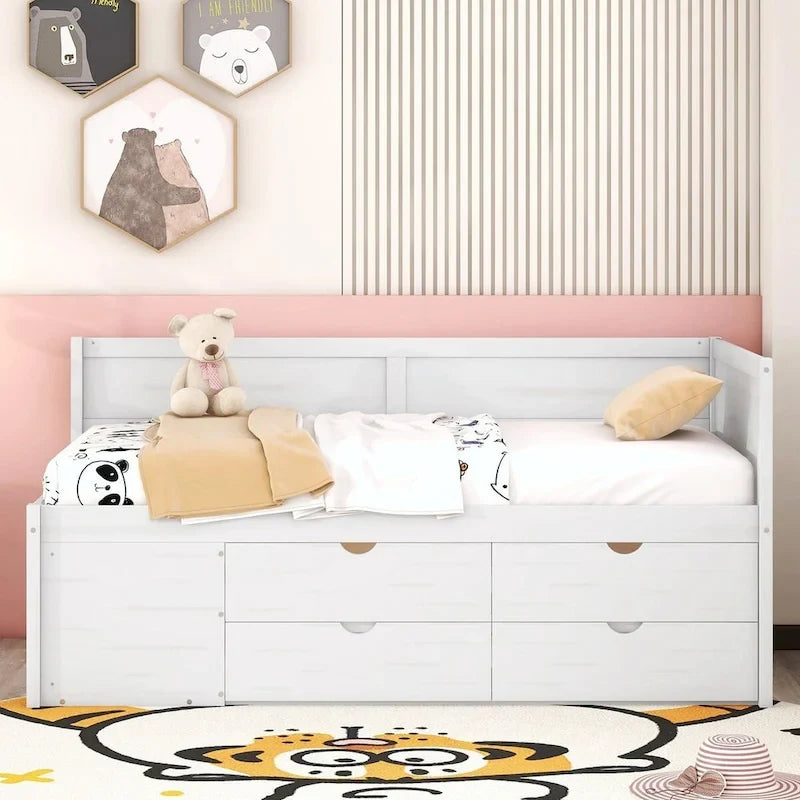 Lit de repos avec tiroirs de rangement et étagères