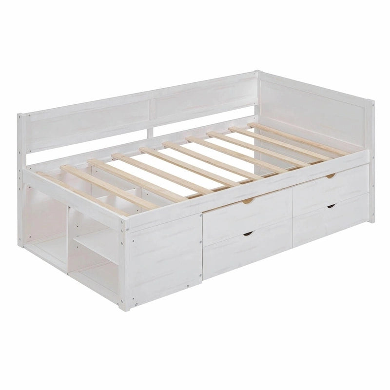 Lit de repos avec tiroirs de rangement et étagères