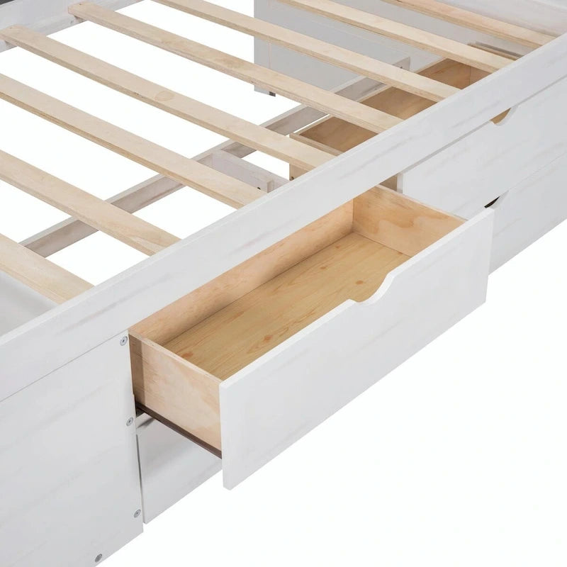 Lit de repos avec tiroirs de rangement et étagères