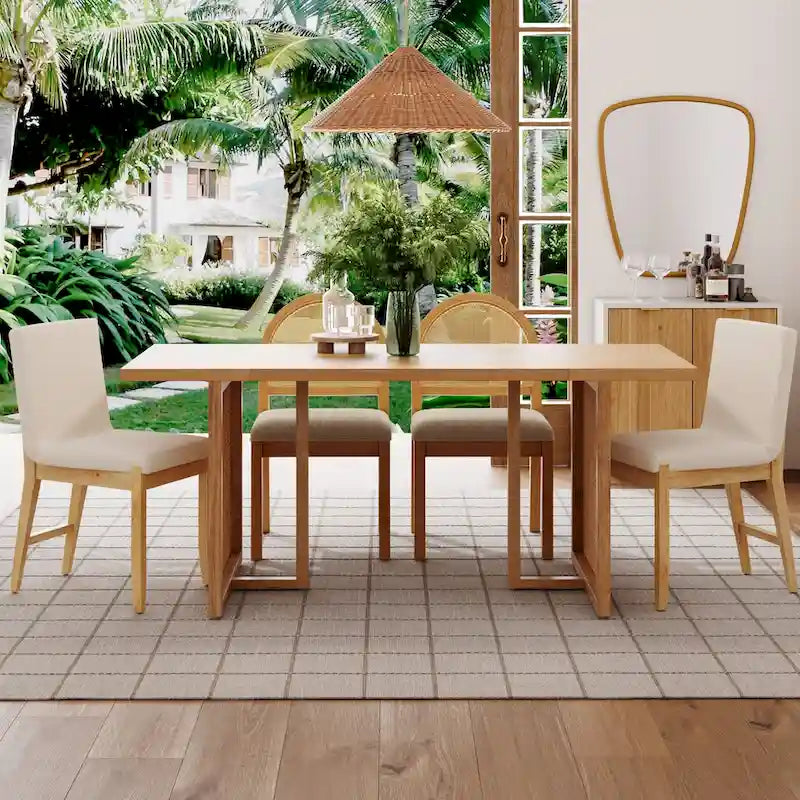 Table de salle à manger bohème pour 6 personnes avec pieds en bois massif, table de salle à manger avec détail en rotin bohème